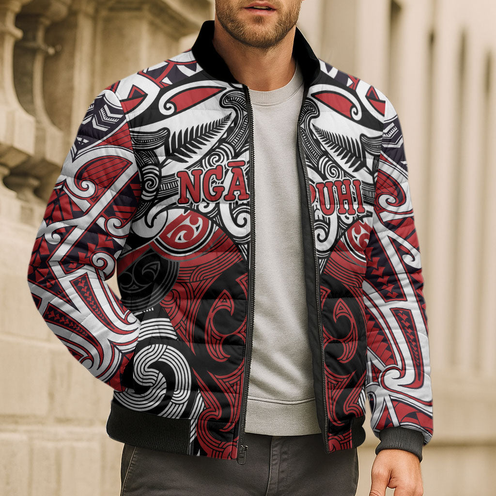 Personalised Maori Ngapuhi Bomber Puffer Jacket Silver Fern Kowhaiwhai Art LT01 - Polynesian Pride