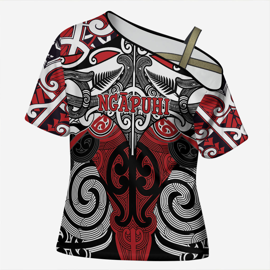 Personalised Maori Ngapuhi Cross Shoulder Shirt Silver Fern Kowhaiwhai Art LT01 Female Red - Polynesian Pride