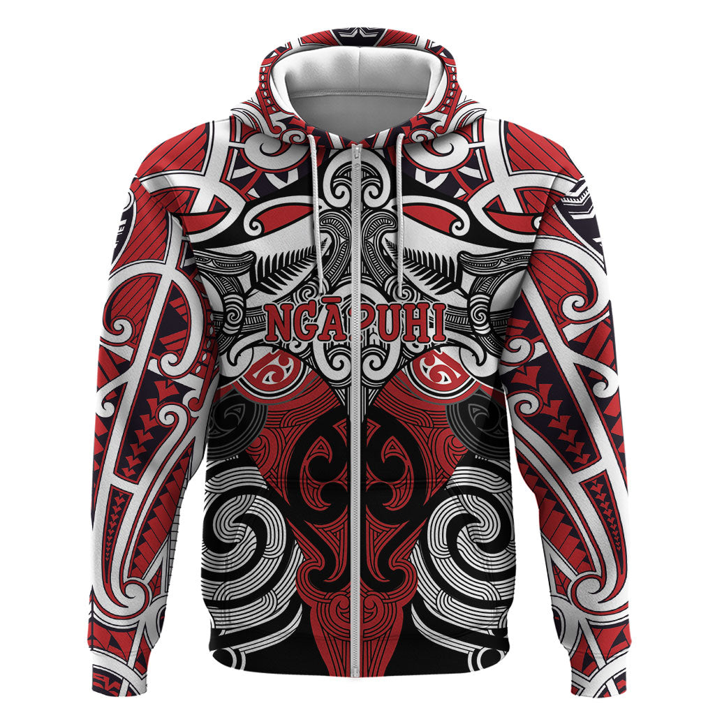 Personalised Maori Ngapuhi Hoodie Silver Fern Kowhaiwhai Art LT01 Zip Hoodie Red - Polynesian Pride