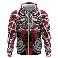 Personalised Maori Ngapuhi Hoodie Silver Fern Kowhaiwhai Art LT01 Zip Hoodie Red - Polynesian Pride