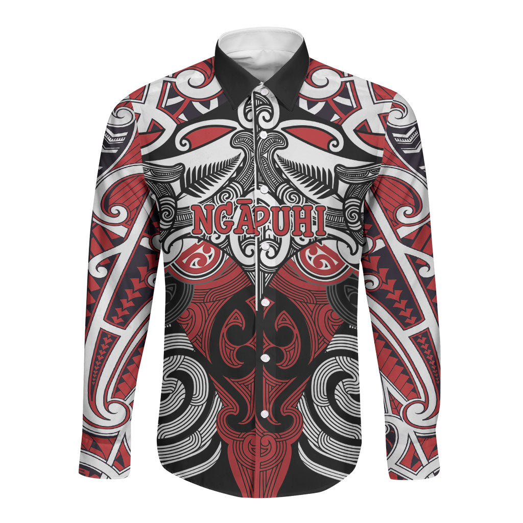 Personalised Maori Ngapuhi Long Sleeve Button Shirt Silver Fern Kowhaiwhai Art LT01 Unisex Red - Polynesian Pride