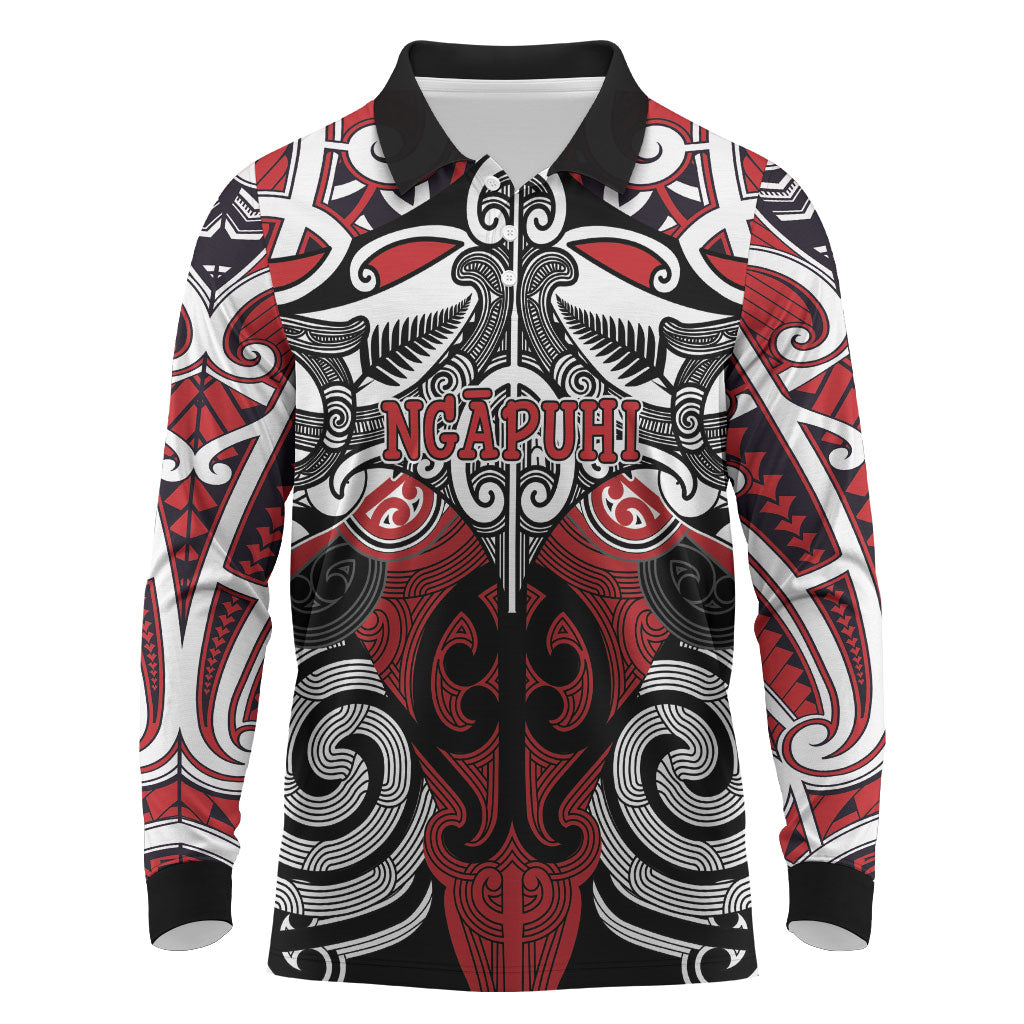 Personalised Maori Ngapuhi Long Sleeve Polo Shirt Silver Fern Kowhaiwhai Art LT01 Red - Polynesian Pride