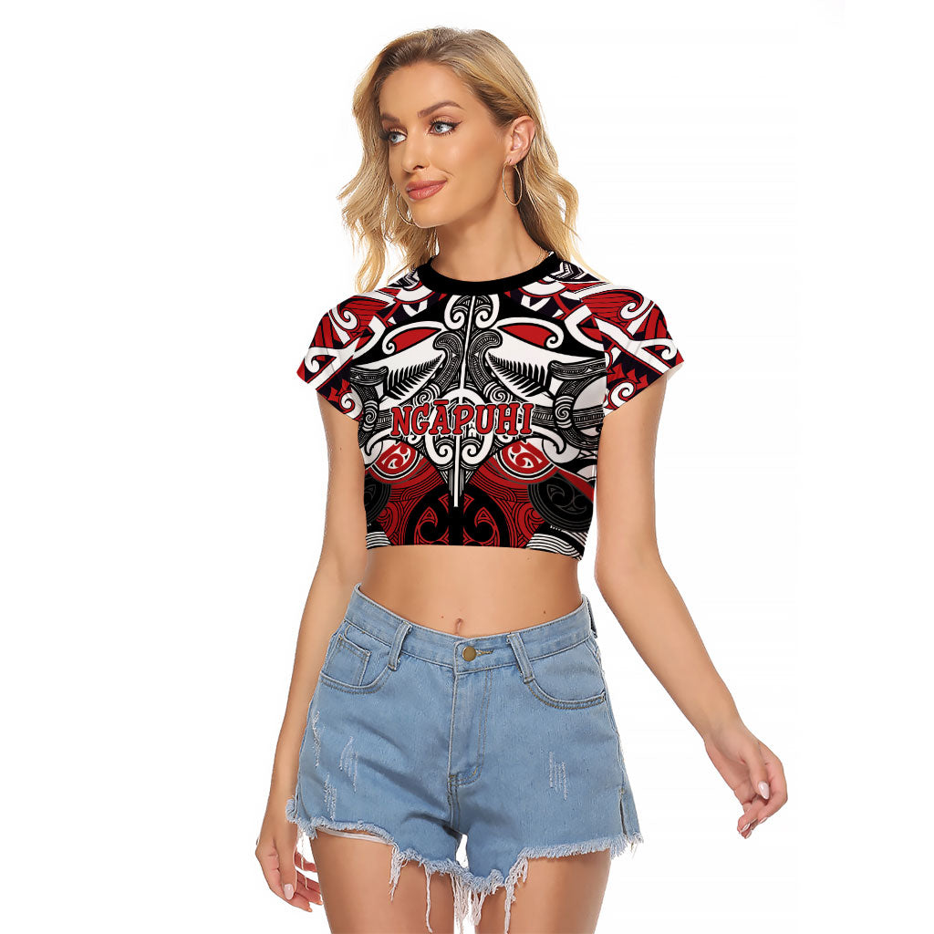 Personalised Maori Ngapuhi Raglan Cropped T Shirt Silver Fern Kowhaiwhai Art LT01 Female Red - Polynesian Pride