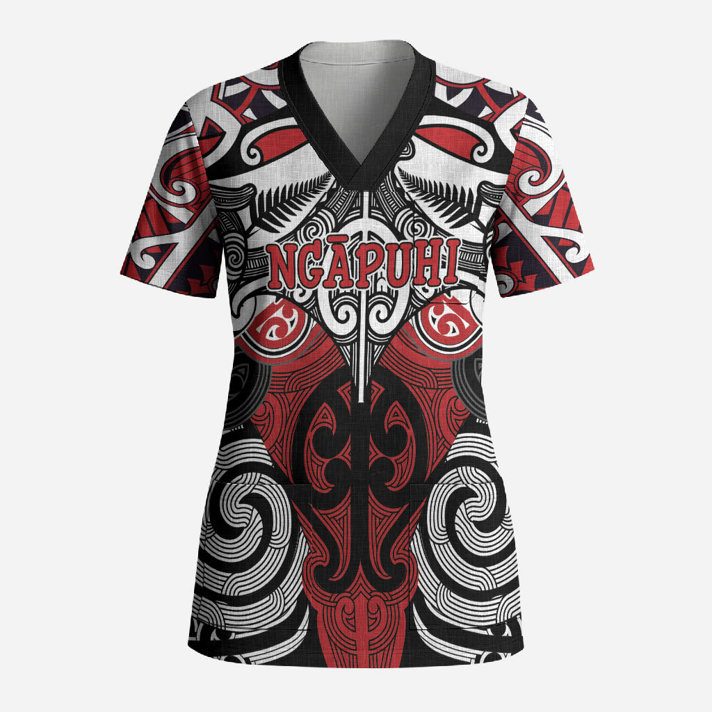 Personalised Maori Ngapuhi Scrub Top Silver Fern Kowhaiwhai Art LT01 Adult Red - Polynesian Pride