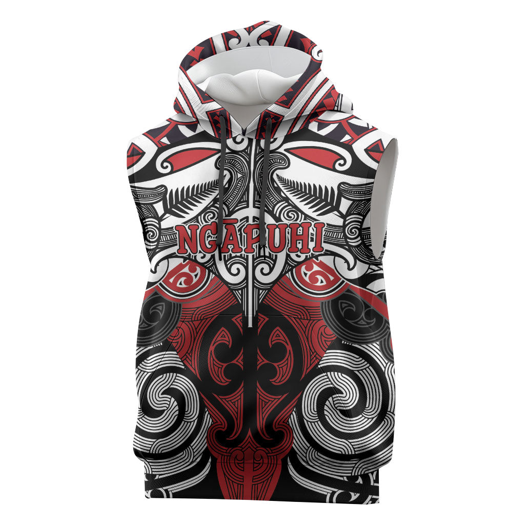 Personalised Maori Ngapuhi Sleeveless Hoodie Silver Fern Kowhaiwhai Art LT01 Red - Polynesian Pride