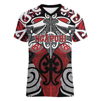 Personalised Maori Ngapuhi Women V-Neck T-Shirt Silver Fern Kowhaiwhai Art LT01 Female Red - Polynesian Pride