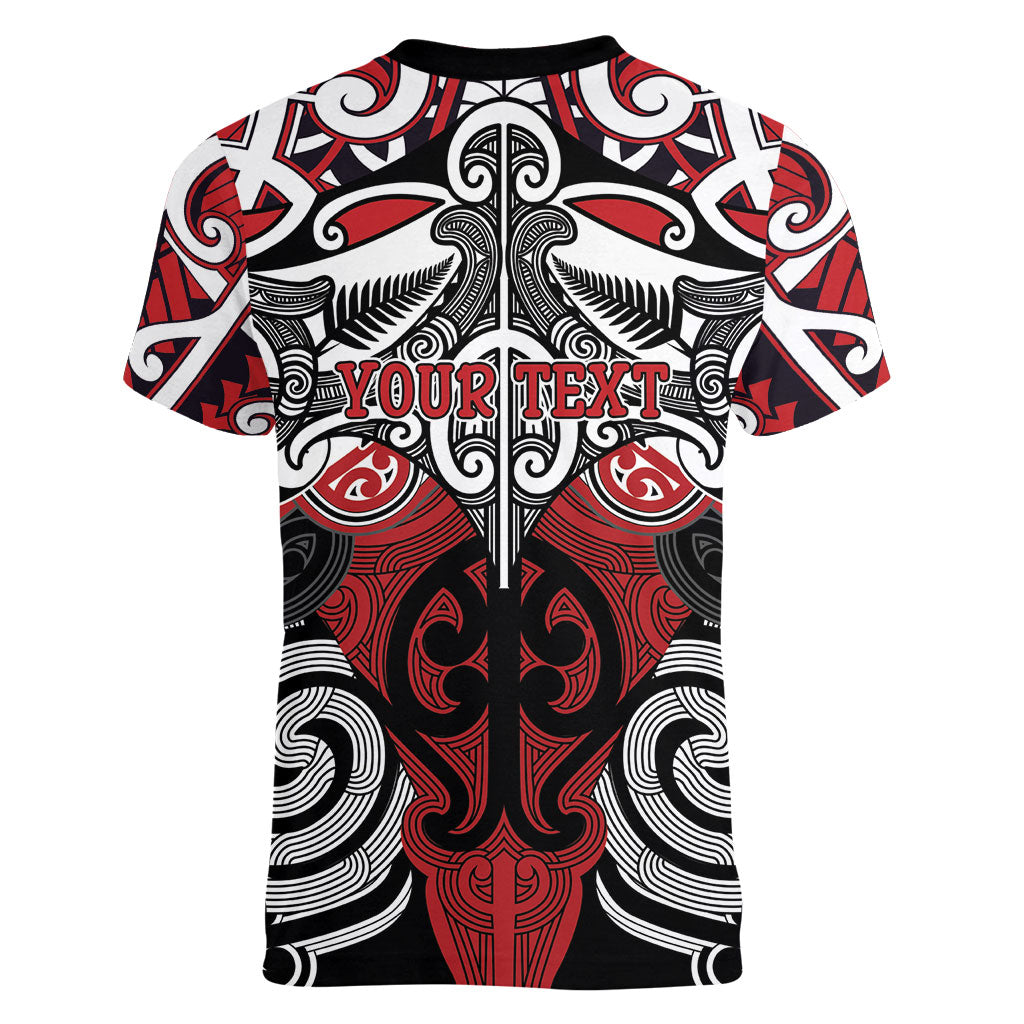 Personalised Maori Ngapuhi Women V-Neck T-Shirt Silver Fern Kowhaiwhai Art LT01 - Polynesian Pride