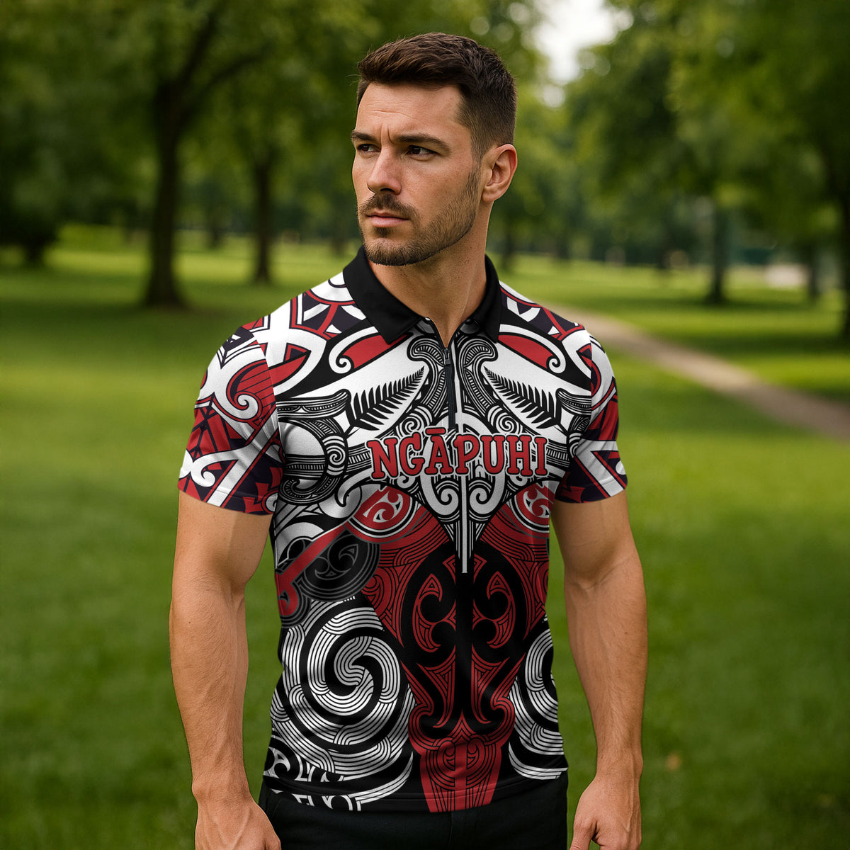 Personalised Maori Ngapuhi Zipper Polo Shirt Silver Fern Kowhaiwhai Art LT01 - Polynesian Pride