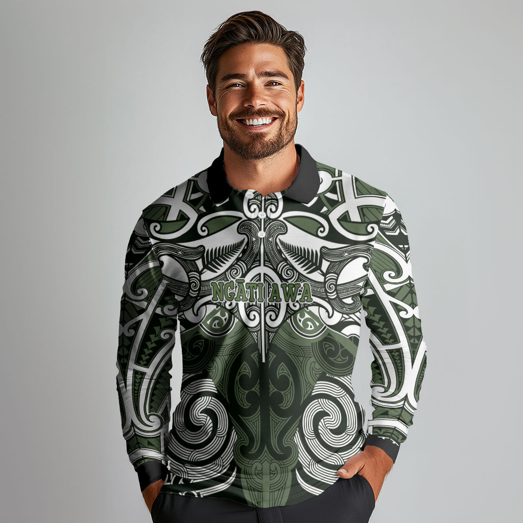 Personalised Maori Ngati Awa Long Sleeve Polo Shirt Silver Fern Kowhaiwhai Art LT01 - Polynesian Pride