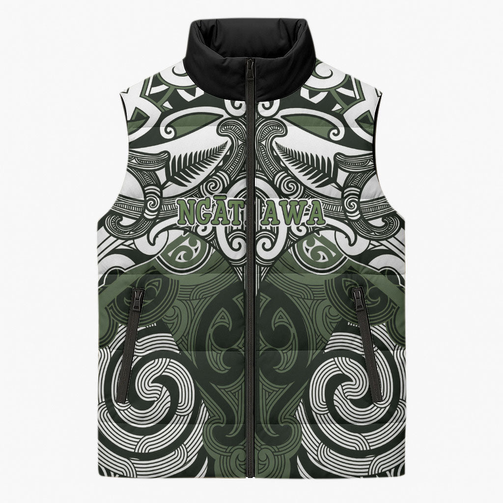 Personalised Maori Ngati Awa Sleeveless Puffer Jacket Silver Fern Kowhaiwhai Art LT01 Unisex Green - Polynesian Pride