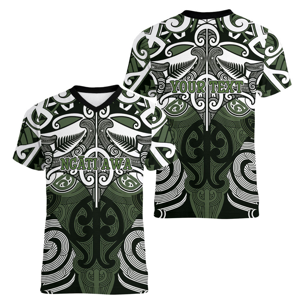 Personalised Maori Ngati Awa Women V-Neck T-Shirt Silver Fern Kowhaiwhai Art LT01 - Polynesian Pride