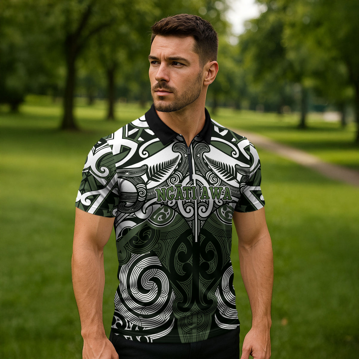 Personalised Maori Ngati Awa Zipper Polo Shirt Silver Fern Kowhaiwhai Art LT01 - Polynesian Pride