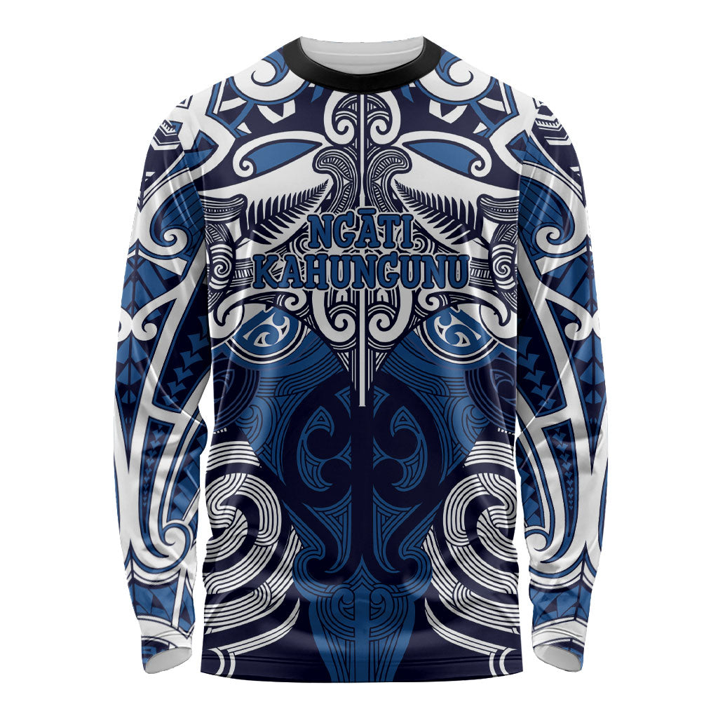Personalised Maori Ngati Kahungunu Long Sleeve Shirt Silver Fern Kowhaiwhai Art LT01 Unisex Blue - Polynesian Pride