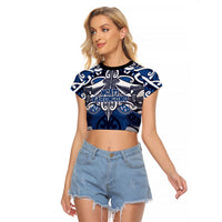 Personalised Maori Ngati Kahungunu Raglan Cropped T Shirt Silver Fern Kowhaiwhai Art LT01 Female Blue - Polynesian Pride
