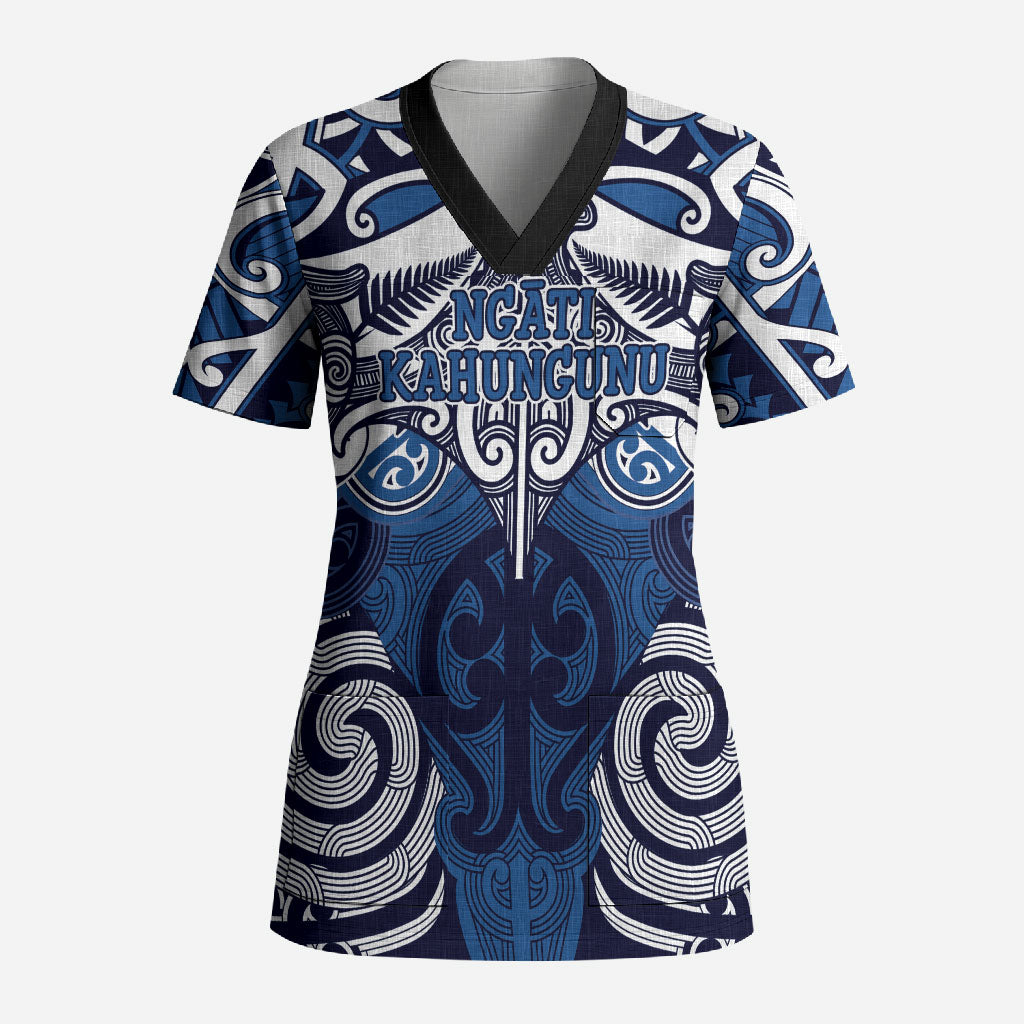 Personalised Maori Ngati Kahungunu Scrub Top Silver Fern Kowhaiwhai Art LT01 Adult Blue - Polynesian Pride