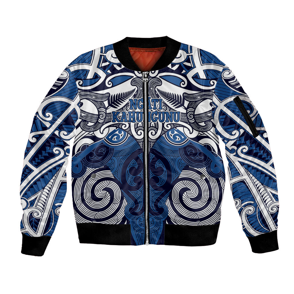 Personalised Maori Ngati Kahungunu Sleeve Zip Bomber Jacket Silver Fern Kowhaiwhai Art LT01 Unisex Blue - Polynesian Pride