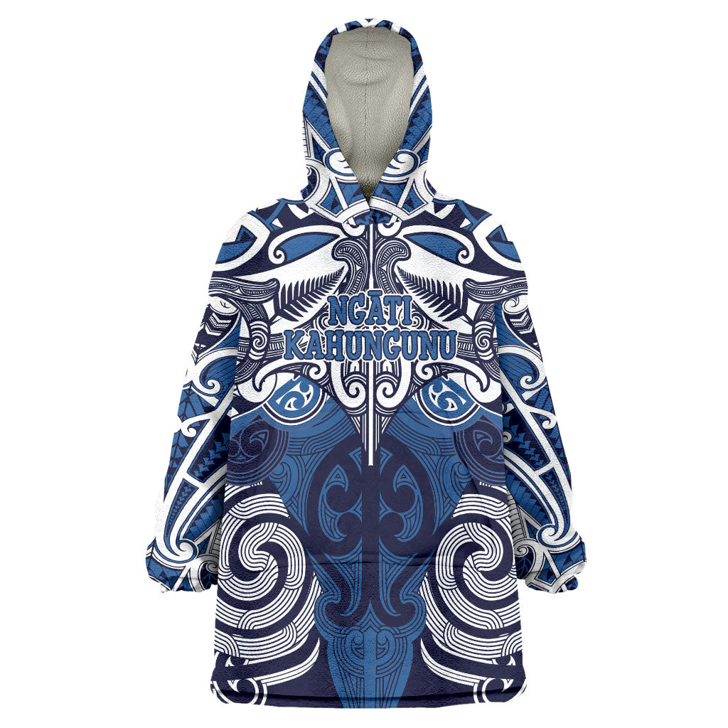 Personalised Maori Ngati Kahungunu Wearable Blanket Hoodie Silver Fern Kowhaiwhai Art LT01 One Size Blue - Polynesian Pride