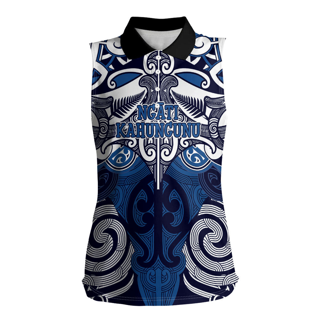 Personalised Maori Ngati Kahungunu Women Sleeveless Polo Shirt Silver Fern Kowhaiwhai Art LT01 Female Blue - Polynesian Pride