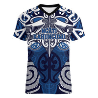Personalised Maori Ngati Kahungunu Women V-Neck T-Shirt Silver Fern Kowhaiwhai Art LT01 Female Blue - Polynesian Pride