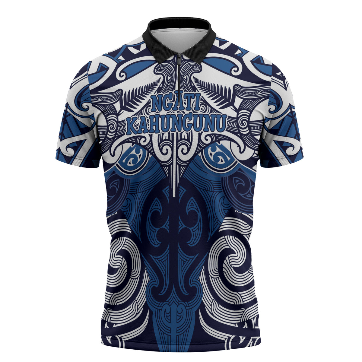 Personalised Maori Ngati Kahungunu Zipper Polo Shirt Silver Fern Kowhaiwhai Art LT01 Blue - Polynesian Pride
