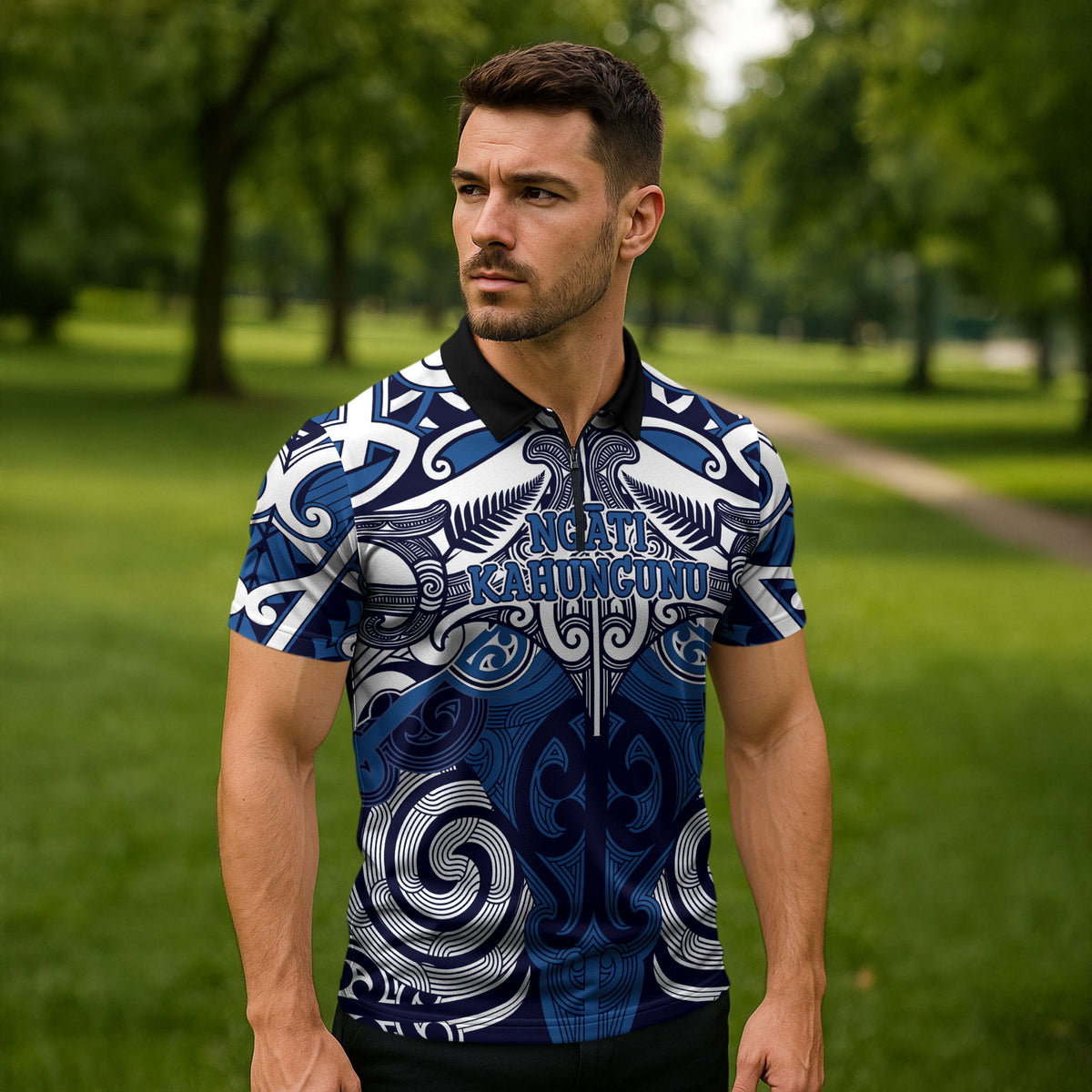 Personalised Maori Ngati Kahungunu Zipper Polo Shirt Silver Fern Kowhaiwhai Art LT01 - Polynesian Pride