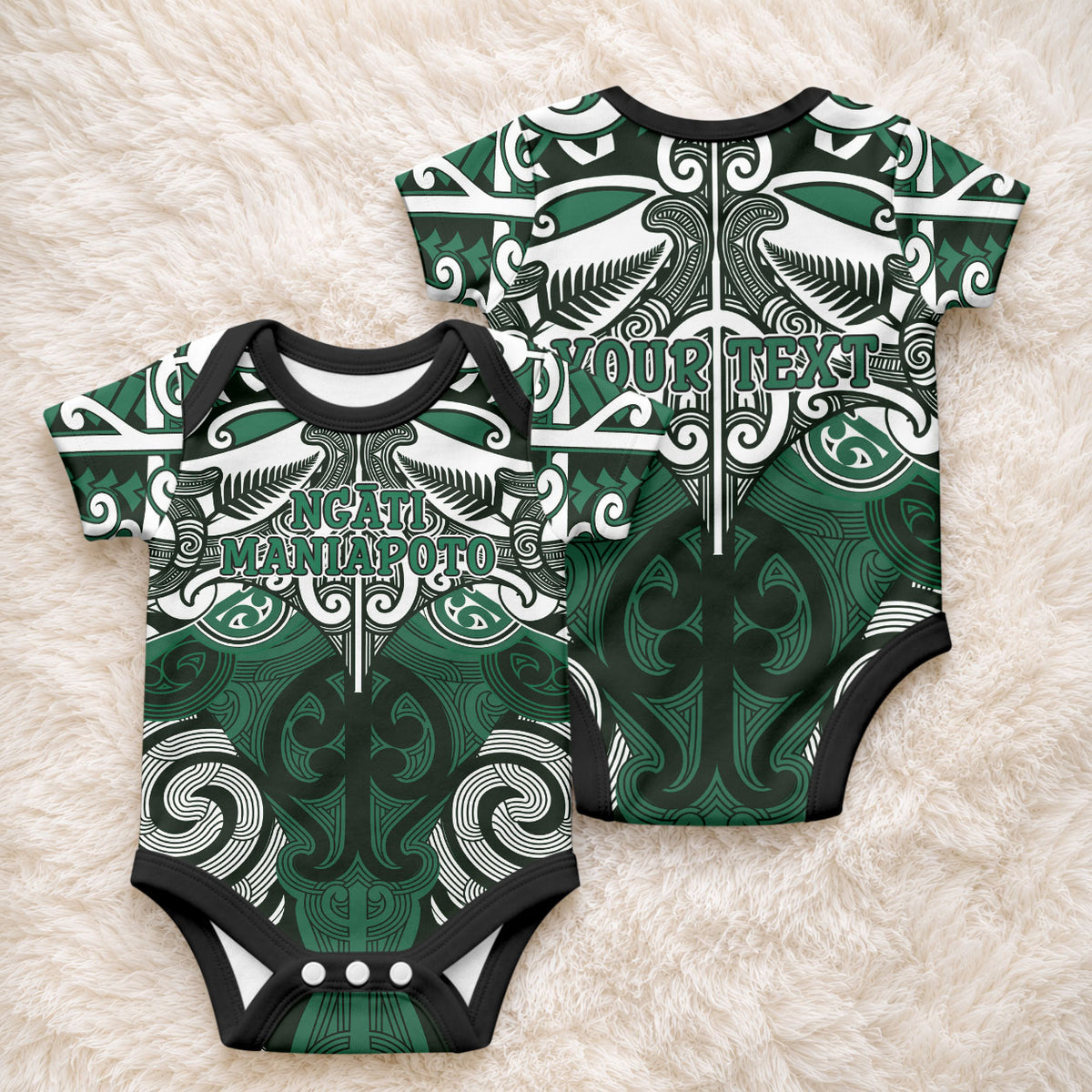 Personalised Maori Ngati Maniapoto Baby Onesie Silver Fern Kowhaiwhai Art
