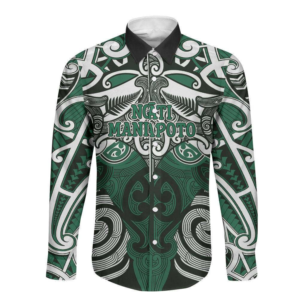Personalised Maori Ngati Maniapoto Long Sleeve Button Shirt Silver Fern Kowhaiwhai Art LT01 Unisex Green - Polynesian Pride