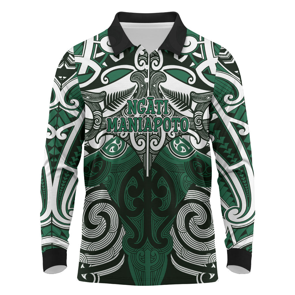 Personalised Maori Ngati Maniapoto Long Sleeve Polo Shirt Silver Fern Kowhaiwhai Art LT01 Green - Polynesian Pride