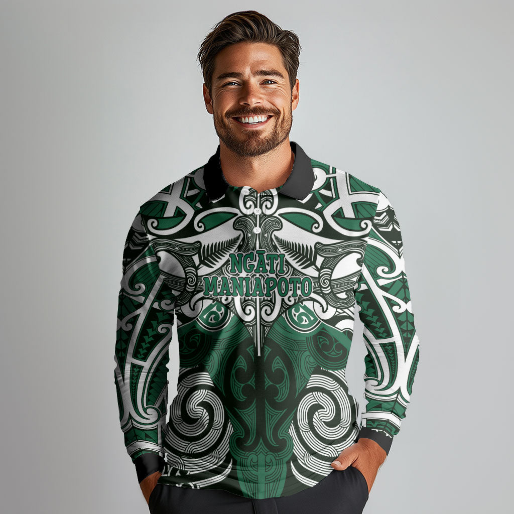 Personalised Maori Ngati Maniapoto Long Sleeve Polo Shirt Silver Fern Kowhaiwhai Art LT01 - Polynesian Pride
