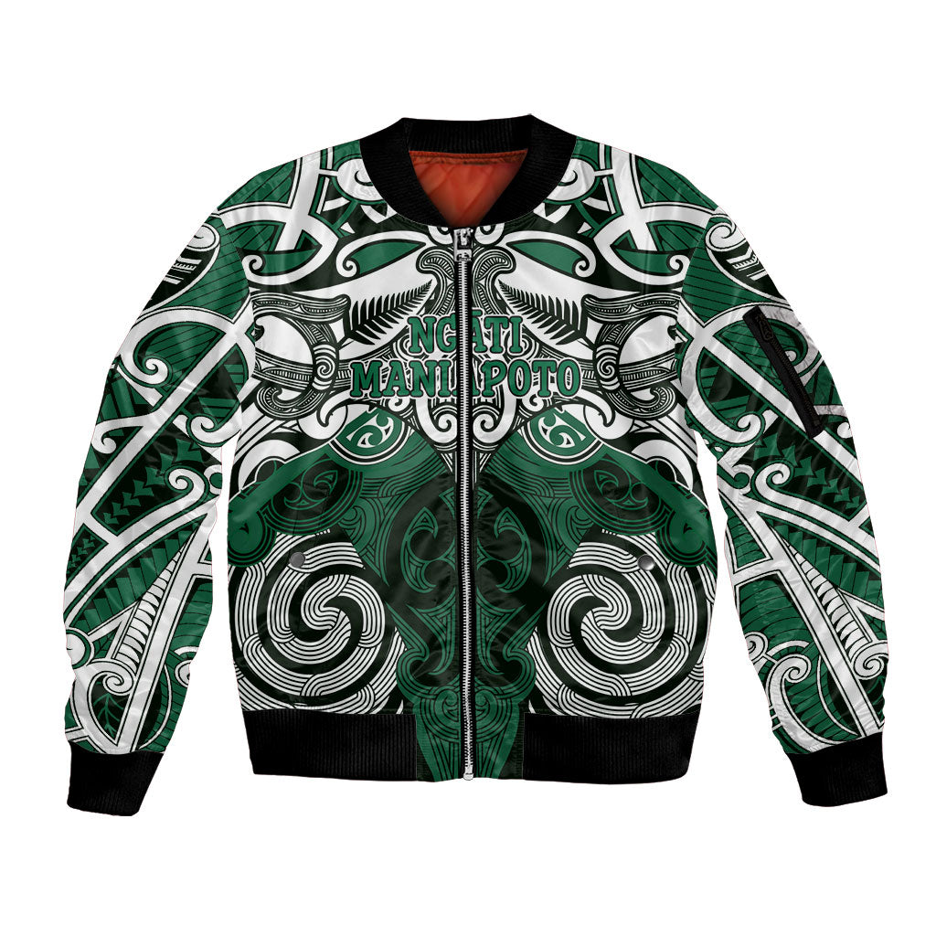 Personalised Maori Ngati Maniapoto Sleeve Zip Bomber Jacket Silver Fern Kowhaiwhai Art LT01 Unisex Green - Polynesian Pride
