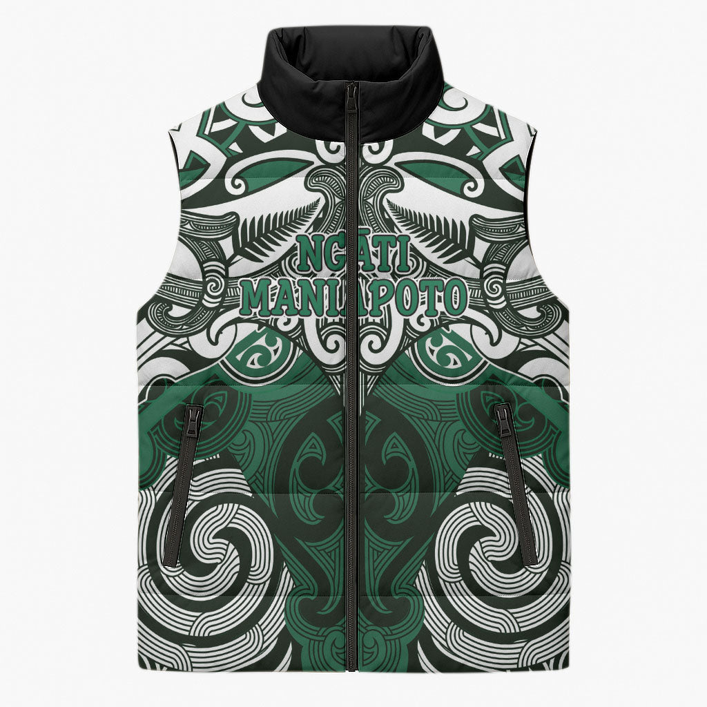 Personalised Maori Ngati Maniapoto Sleeveless Puffer Jacket Silver Fern Kowhaiwhai Art LT01 Unisex Green - Polynesian Pride