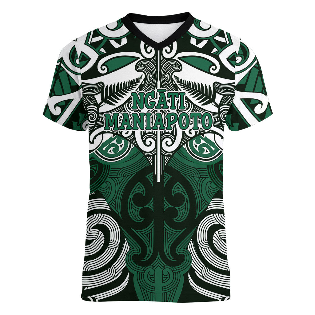 Personalised Maori Ngati Maniapoto Women V-Neck T-Shirt Silver Fern Kowhaiwhai Art LT01 Female Green - Polynesian Pride