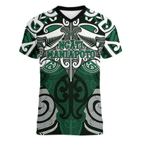 Personalised Maori Ngati Maniapoto Women V-Neck T-Shirt Silver Fern Kowhaiwhai Art LT01 Female Green - Polynesian Pride
