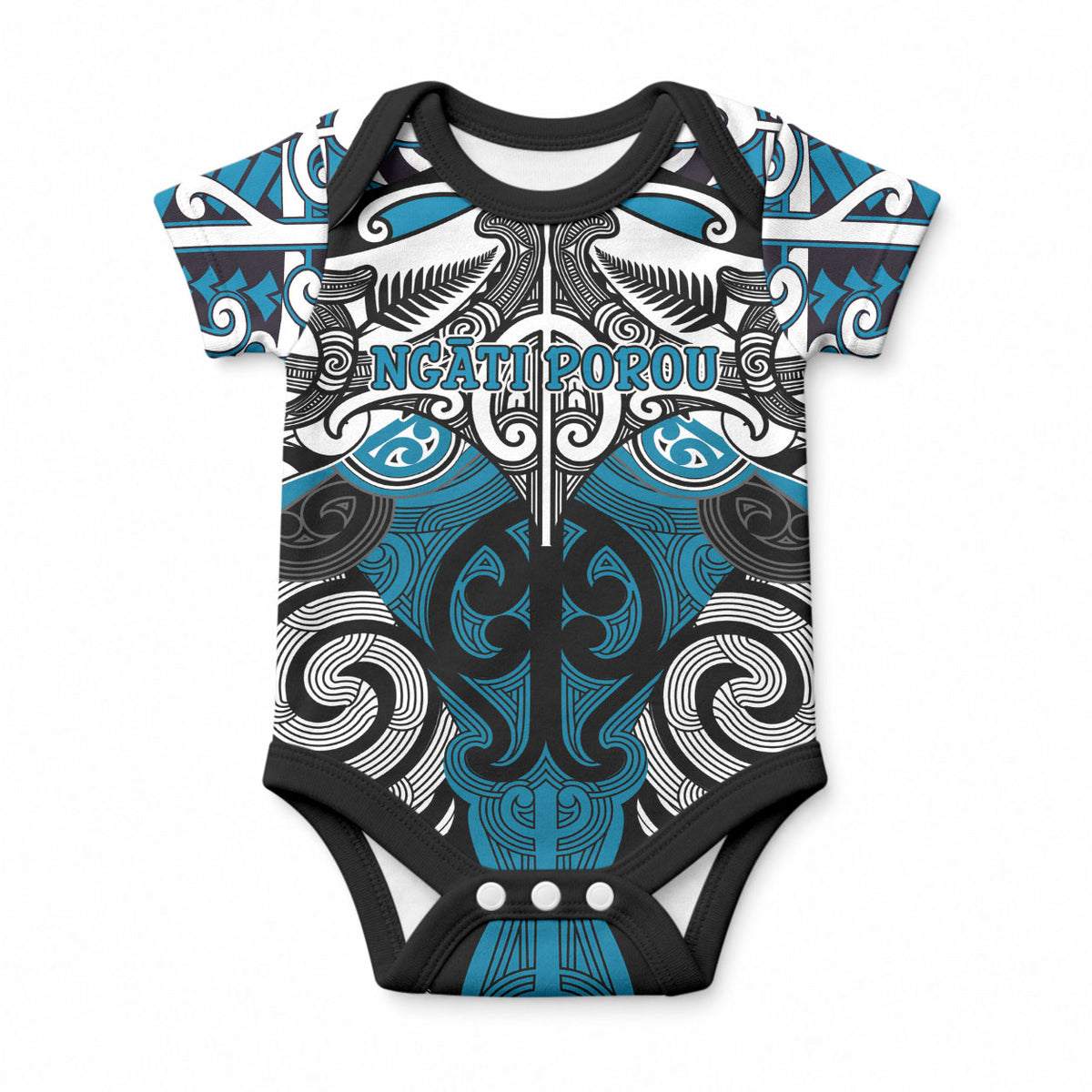 Personalised Maori Ngati Porou Baby Onesie Silver Fern Kowhaiwhai Art