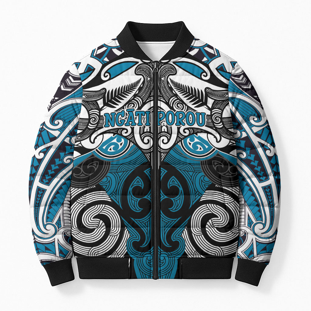 Personalised Maori Ngati Porou Bomber Puffer Jacket Silver Fern Kowhaiwhai Art LT01 Unisex Blue - Polynesian Pride