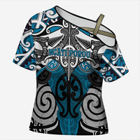 Personalised Maori Ngati Porou Cross Shoulder Shirt Silver Fern Kowhaiwhai Art LT01 Female Blue - Polynesian Pride