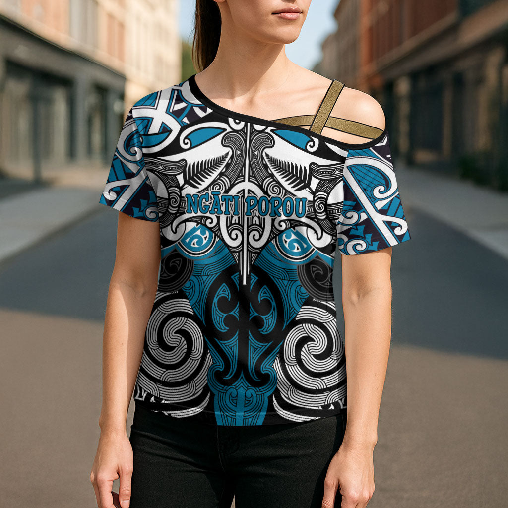 Personalised Maori Ngati Porou Cross Shoulder Shirt Silver Fern Kowhaiwhai Art LT01 - Polynesian Pride