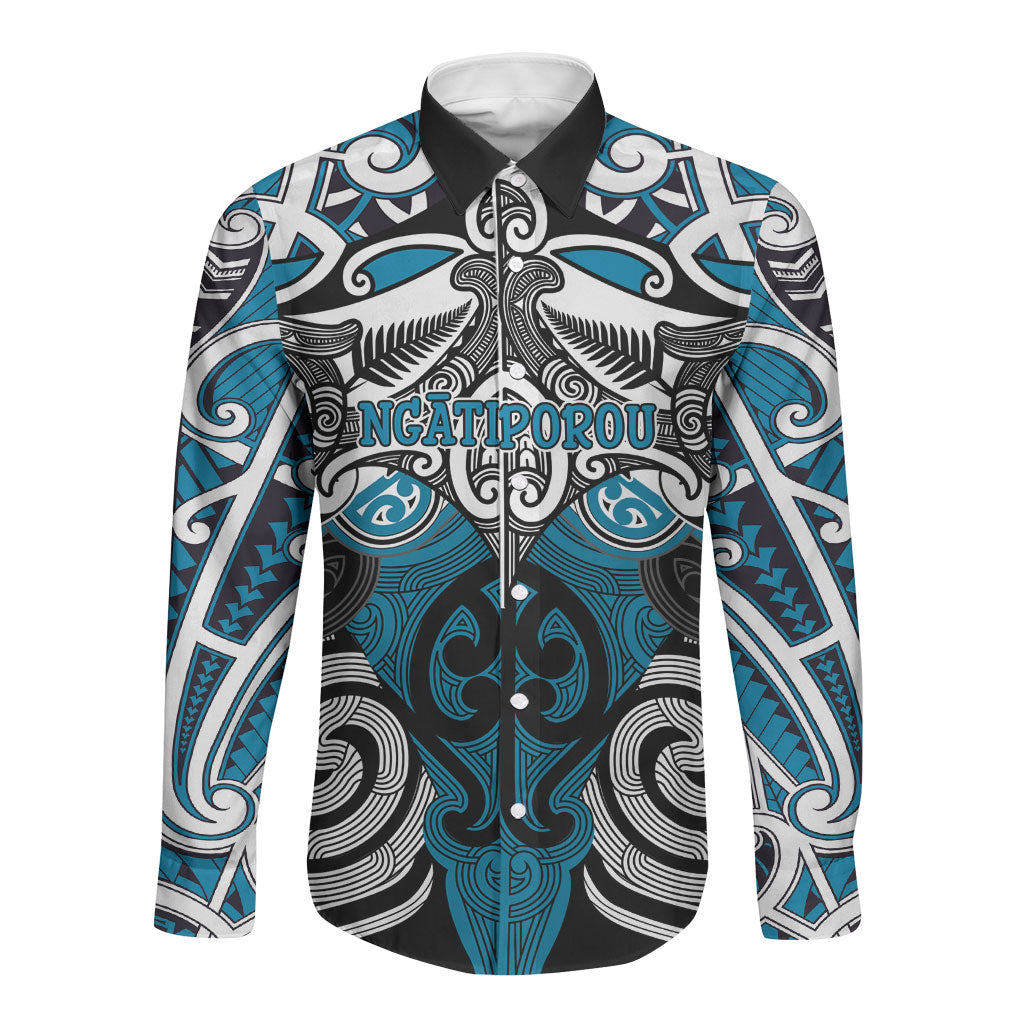 Personalised Maori Ngati Porou Long Sleeve Button Shirt Silver Fern Kowhaiwhai Art LT01 Unisex Blue - Polynesian Pride