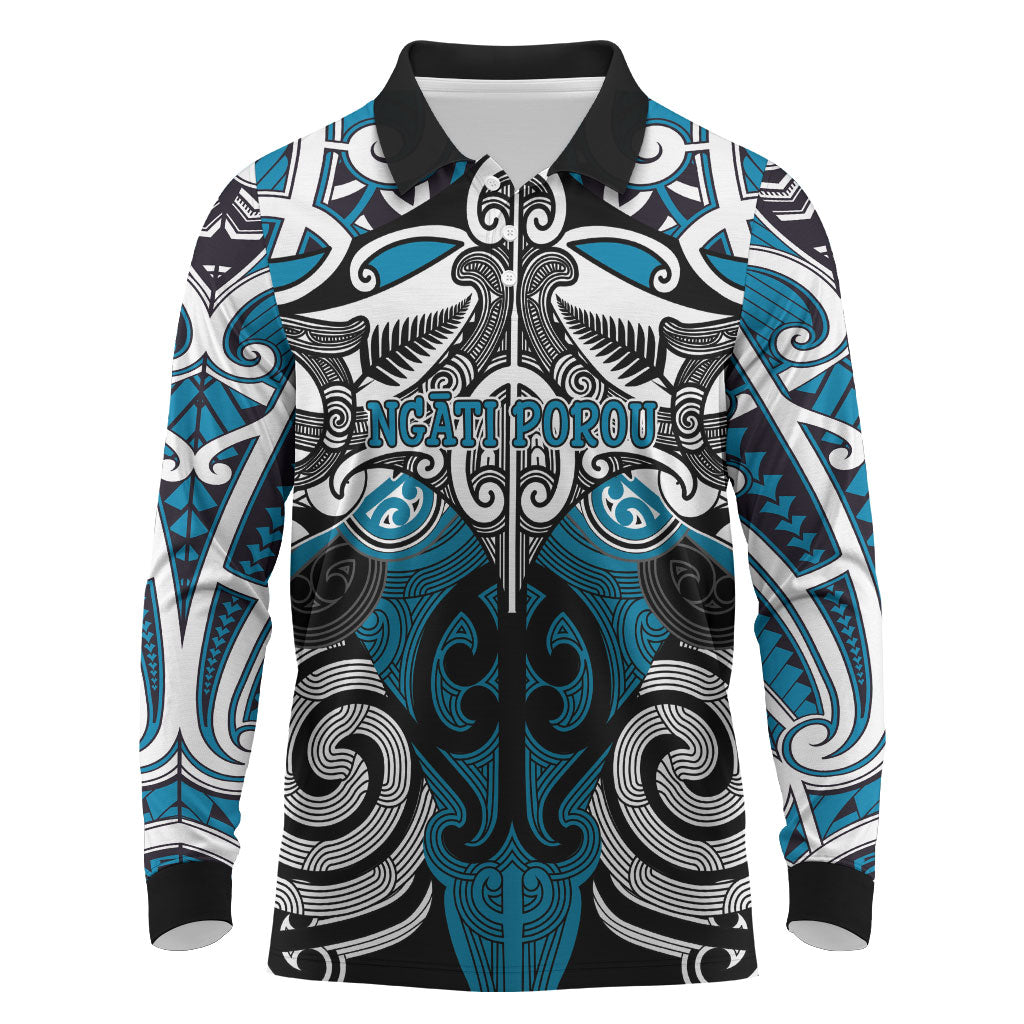 Personalised Maori Ngati Porou Long Sleeve Polo Shirt Silver Fern Kowhaiwhai Art LT01 Blue - Polynesian Pride