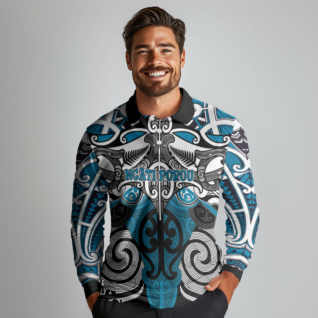 Personalised Maori Ngati Porou Long Sleeve Polo Shirt Silver Fern Kowhaiwhai Art LT01 - Polynesian Pride