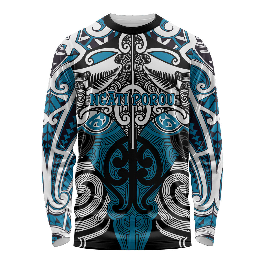 Personalised Maori Ngati Porou Long Sleeve Shirt Silver Fern Kowhaiwhai Art LT01 Unisex Blue - Polynesian Pride