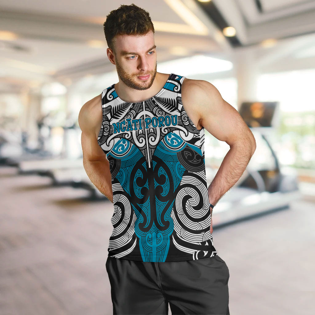 Personalised Maori Ngati Porou Men Tank Top Silver Fern Kowhaiwhai Art LT01 Blue - Polynesian Pride