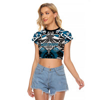 Personalised Maori Ngati Porou Raglan Cropped T Shirt Silver Fern Kowhaiwhai Art LT01 Female Blue - Polynesian Pride