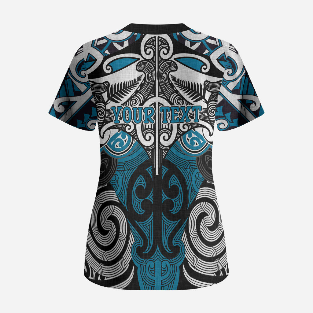 Personalised Maori Ngati Porou Scrub Top Silver Fern Kowhaiwhai Art LT01 - Polynesian Pride
