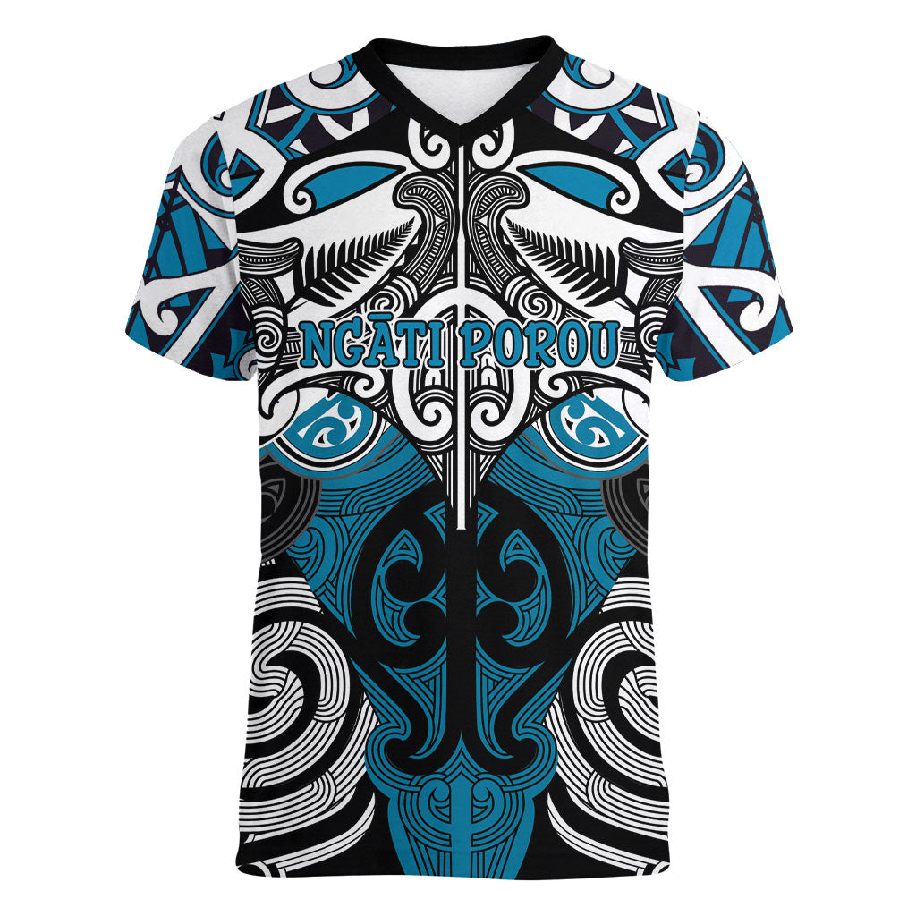 Personalised Maori Ngati Porou Women V-Neck T-Shirt Silver Fern Kowhaiwhai Art LT01 Female Blue - Polynesian Pride