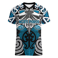 Personalised Maori Ngati Porou Women V-Neck T-Shirt Silver Fern Kowhaiwhai Art LT01 Female Blue - Polynesian Pride