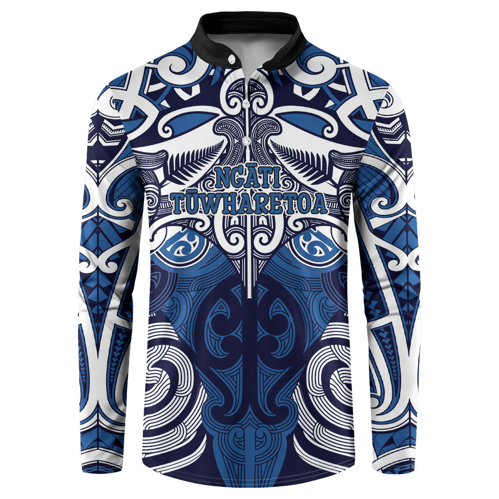 Personalised Maori Ngati Tuwharetoa Button Sweatshirt Silver Fern Kowhaiwhai Art LT01 Blue - Polynesian Pride