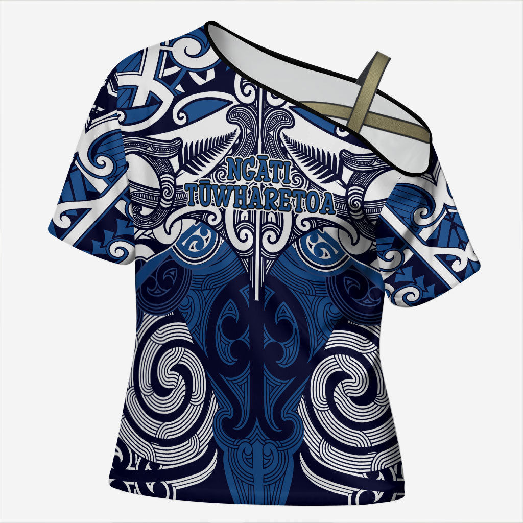 Personalised Maori Ngati Tuwharetoa Cross Shoulder Shirt Silver Fern Kowhaiwhai Art LT01 Female Blue - Polynesian Pride