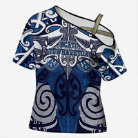 Personalised Maori Ngati Tuwharetoa Cross Shoulder Shirt Silver Fern Kowhaiwhai Art LT01 Female Blue - Polynesian Pride