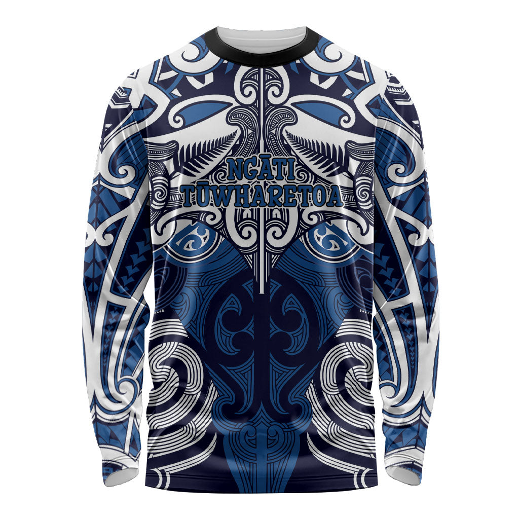 Personalised Maori Ngati Tuwharetoa Long Sleeve Shirt Silver Fern Kowhaiwhai Art LT01 Unisex Blue - Polynesian Pride
